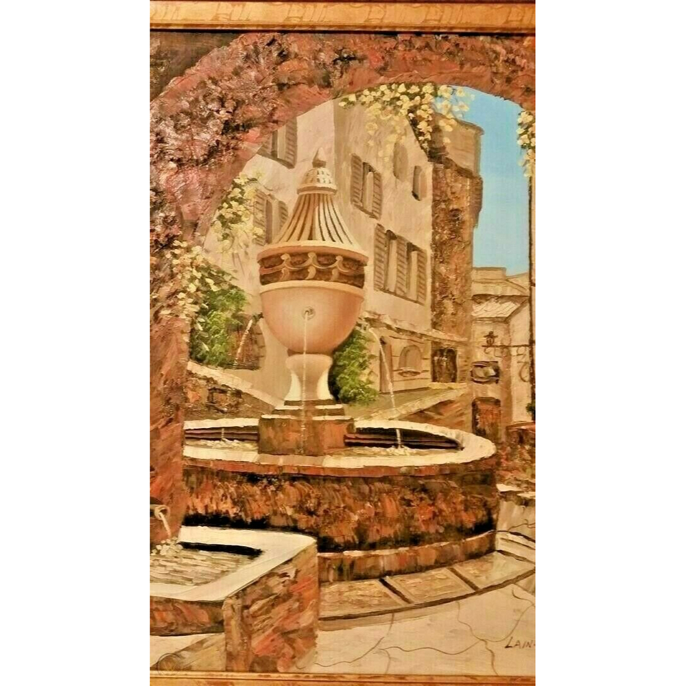 GREEK GARDEN FOUNTAIN OIL PAINTING BY LAINAS